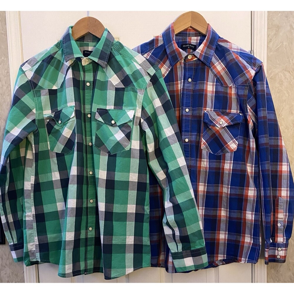 Double Pump Pearl snap western Plaid shirts size M set of 2 green and blue